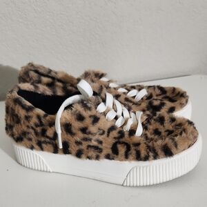 Jessica Simpson Lepard Sneakers Womens Size 7 Fuzzy Brown White Faux Fur
